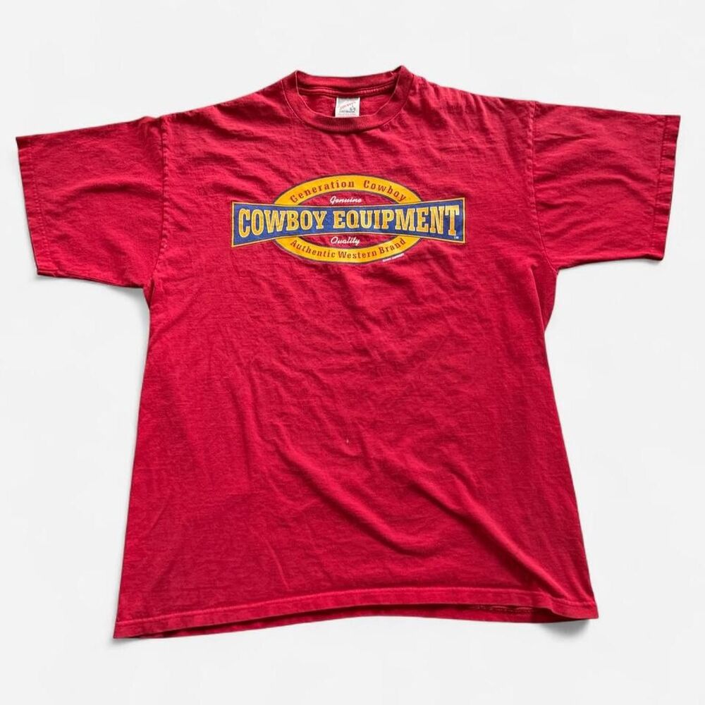 90s Red Jerzees Cowboy Equipment cotton t-shirt blue and yellow logo size L